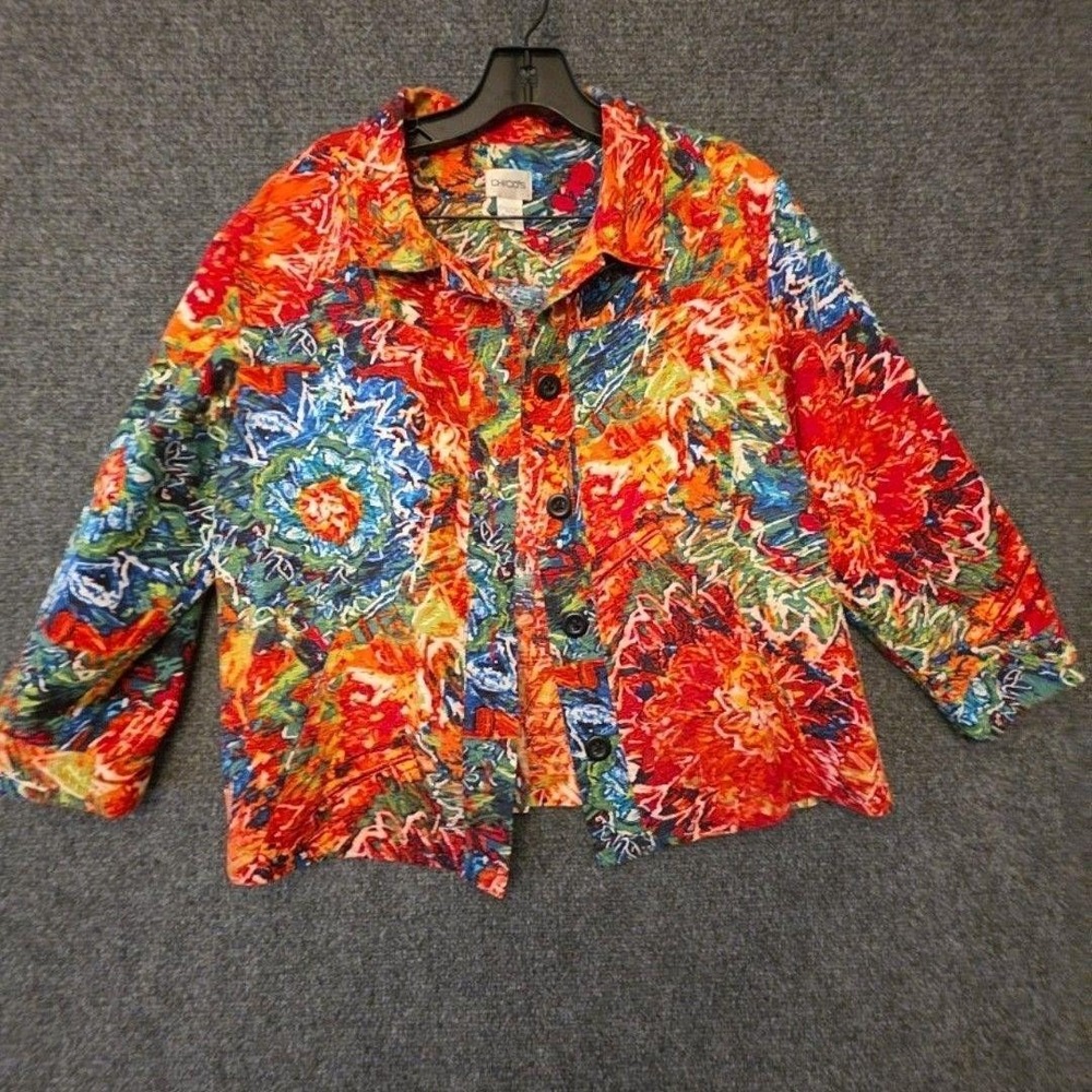 Chico's Jacket Womens 3 Multicolor Floral Cotton Silk Twill Button Front Bohoβ